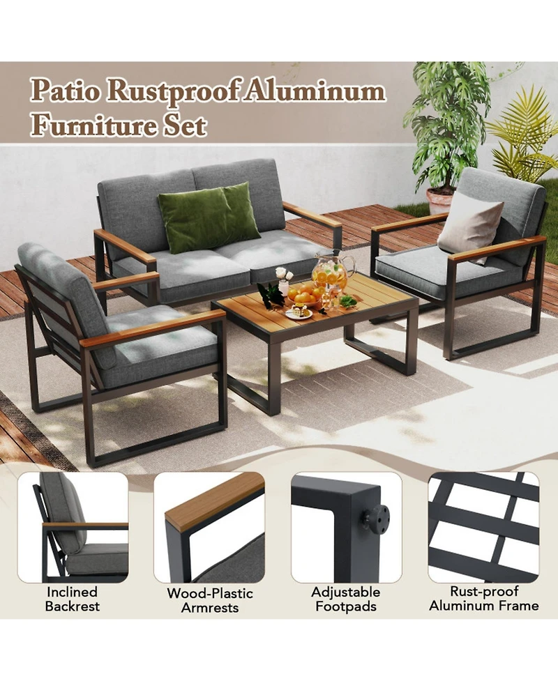 Gouun 4-Piece Aluminum Patio Conversation Set with Cushions and Coffee Table