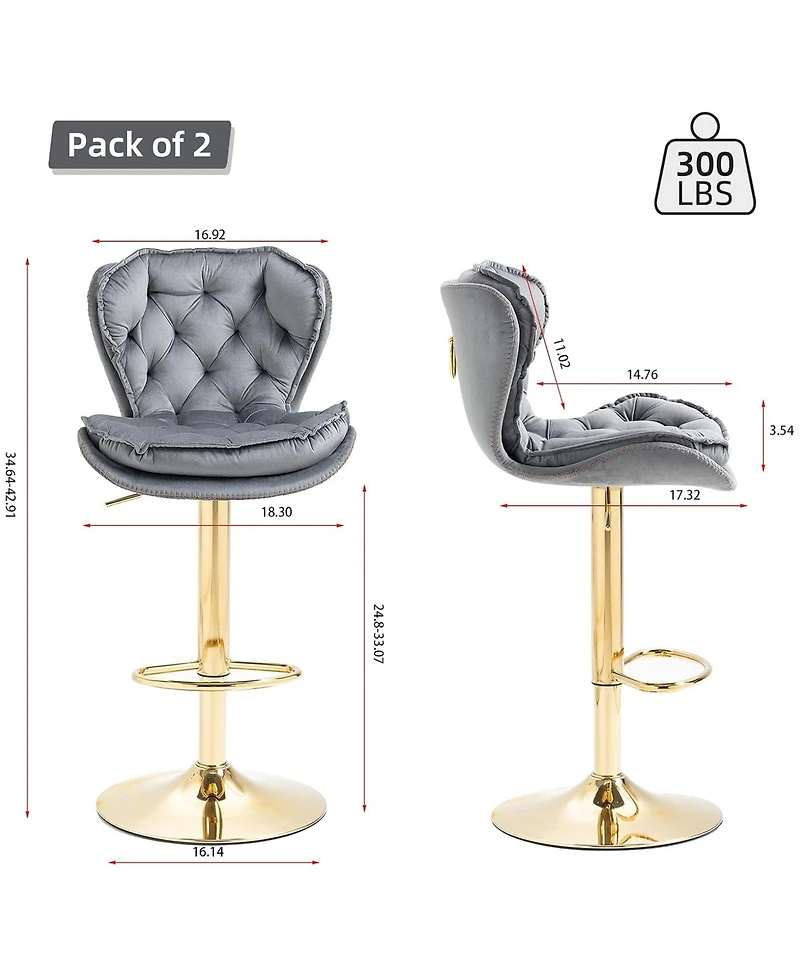Rainsken Swivel Velvet Bar Stools Set of 2, Adjustable Counter Height Chairs with Chrome Footrest and Base for Kitchen Island, Home Pub