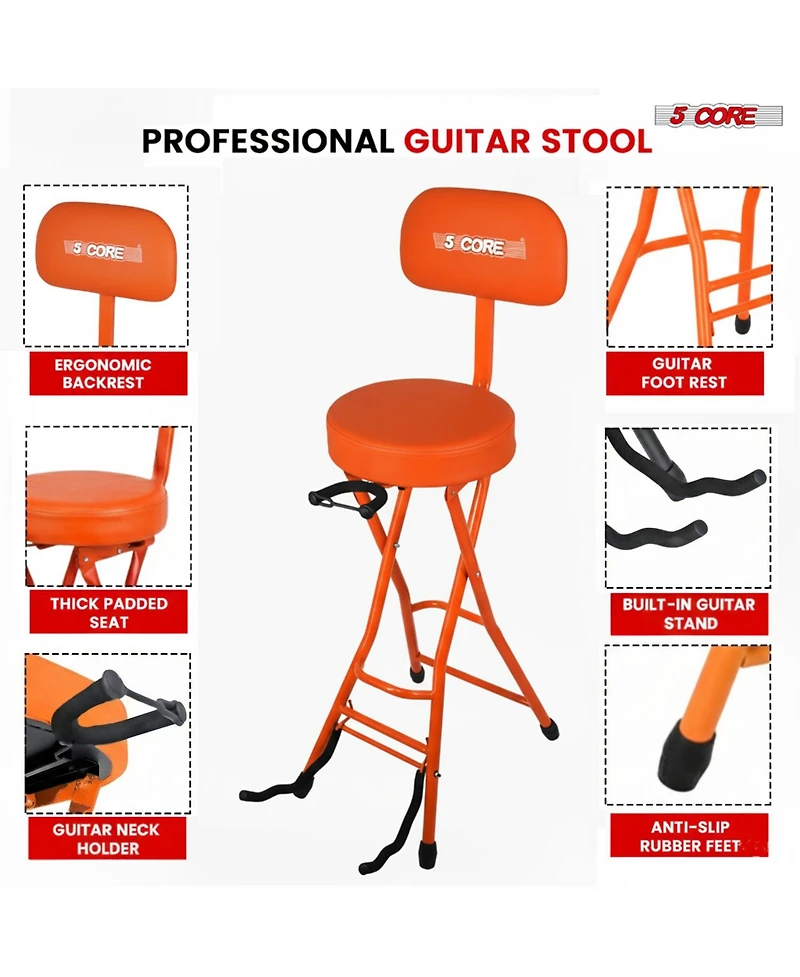 5Core Guitar Stool 3.15" Padded Chair w Backrest Foldable Music Seat Built in Foot Rest Guitar Stand