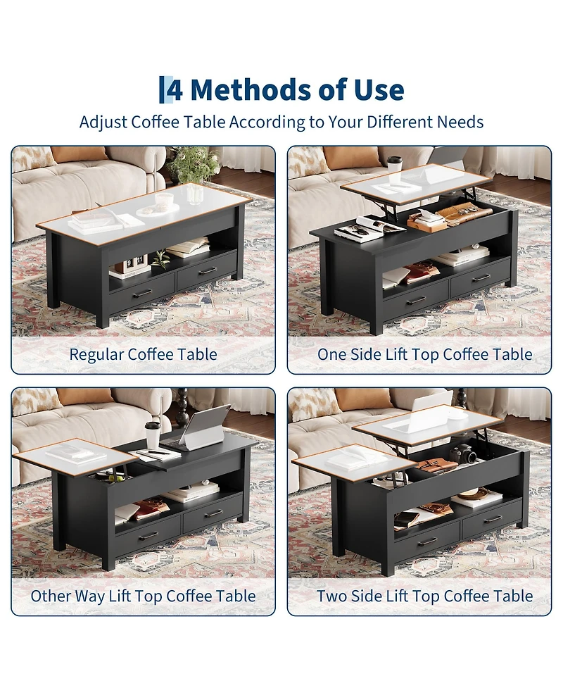 Homfan Lift Top Coffee Table with Hidden Storage, 47" Farmhouse Center Table with Two Drawers and Adjustable Wooden Tabletop for Living Room