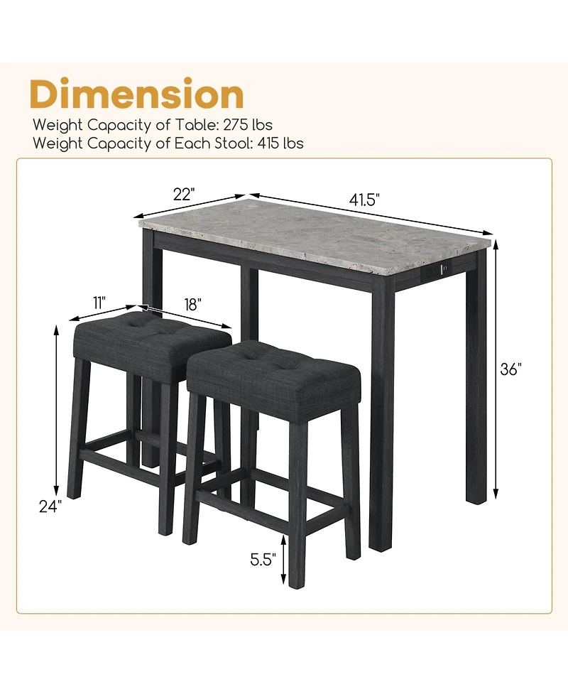 Gymax 3 Pcs Bar Table Set with Charging Station Modern Counter Height Breakfast