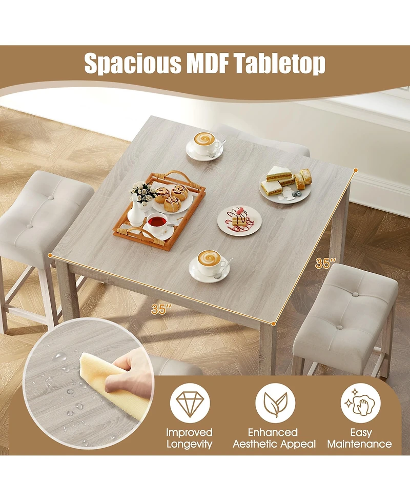 Gymax 5 Pcs Square Bar Table Set for 4 with Padded Stools Rubber Wood Legs for Kitchen