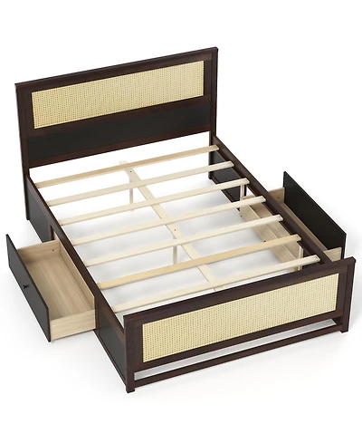 Slickblue Rattan Platform Bed Frame Full with Storage Drawers