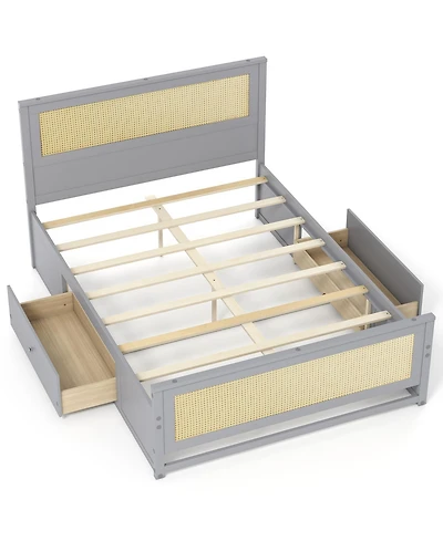 Slickblue Rattan Platform Bed Frame Full with Storage Drawers