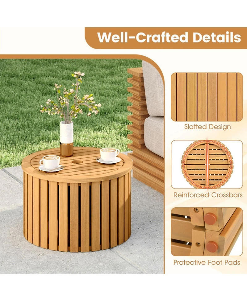Sugift 2-in-1 Outdoor Side Table with Storage Acacia Wood Round Slatted End Table Storage Box
