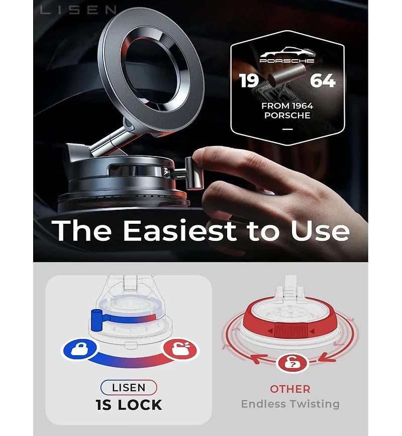 Lisen MagSafe Car Mount, Magnetic Phone Holder for Car, Strong Suction Cup Dashboard Mount with 360degree(s) Rotation, Compatible with iPhone Models