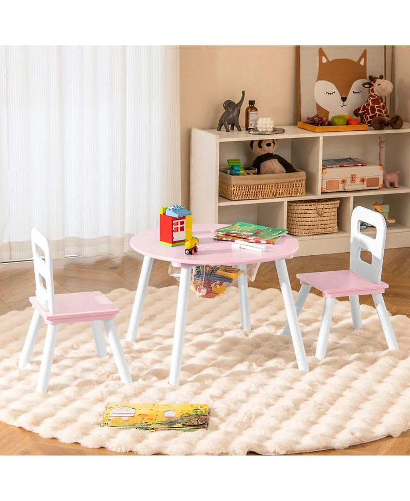 Sugift Wood Activity Kids Table and Chair Set with Center Mesh Storage for Snack Time and Homework