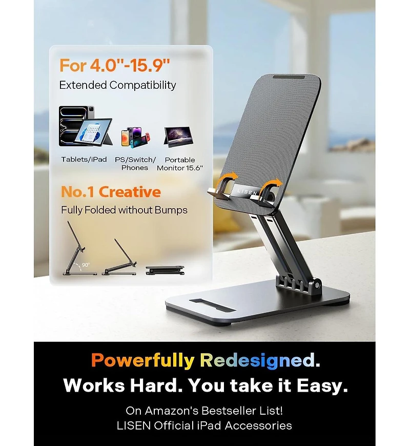 Lisen Adjustable iPad Stand for Desk, Aluminum Tablet Holder with Angle Adjustment, Foldable Design, Compatible with iPad, Tablet, Kindle