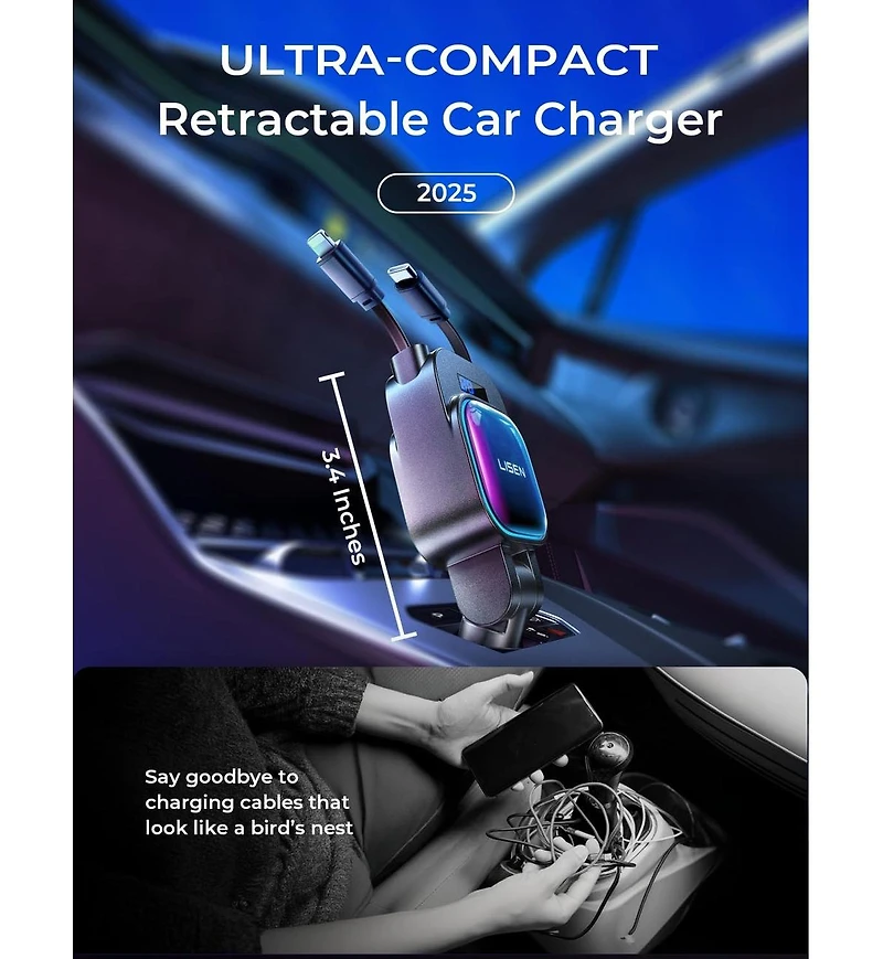 Lisen 96W Truck Car Charger 24V, 4-in-1 Fast Charging Adapter with Retractable Cables, Usb-c and Usb-a for iPhone, Samsung, iPad