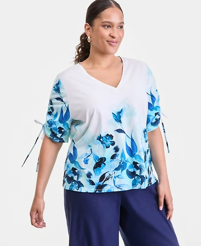 I.n.c. International Concepts Plus Printed Sleeve Tie V-Neck T-Shirt, Macy's Exclusive