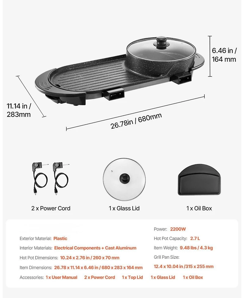 Ecooso 2200W 2-in-1 Electric Hot Pot with Grill, Dual Temperature Control, Nonstick Pan, Serves 1-6