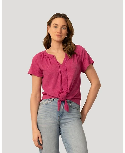 Cable & Gauge Women's Embroidered Split Neck Tie Top