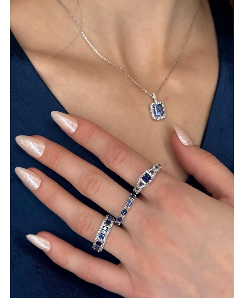 Suzy Levian Sterling Silver Emerald Cut Sapphire Halo Pendant