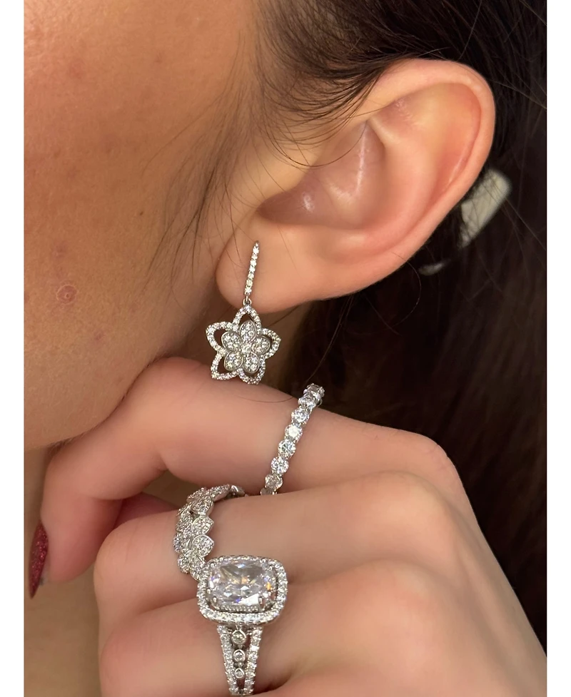 Suzy Levian New York Sterling Silver Pave Cubic Zirconia Flower Halo Drop Dangle Earrings