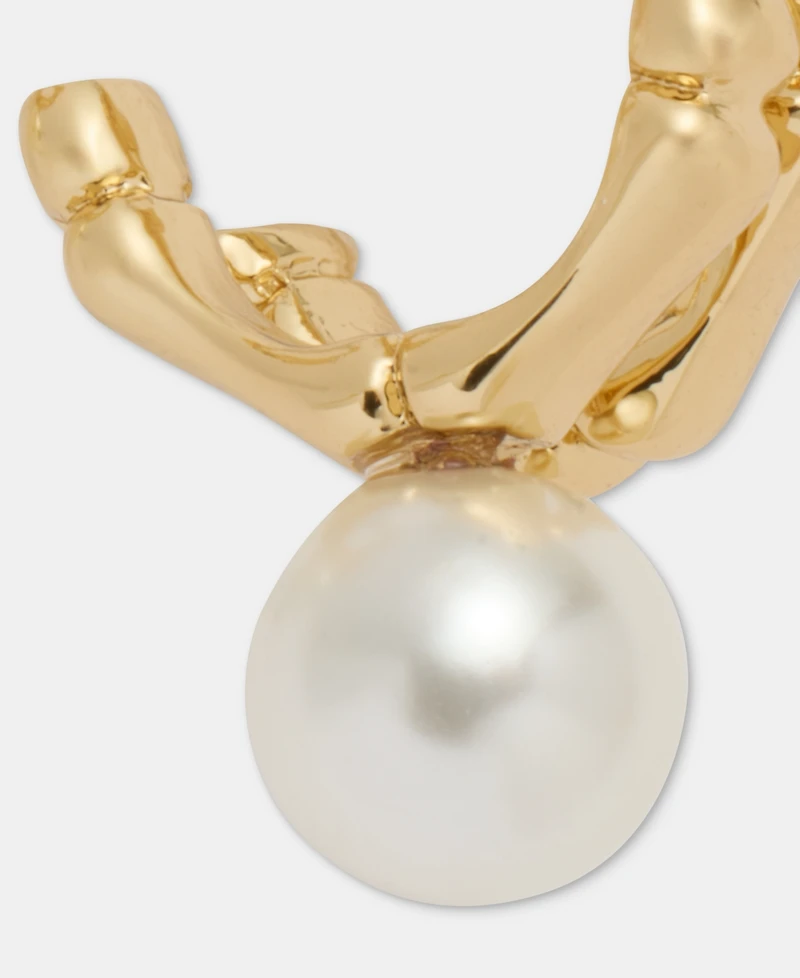 Anne Klein Gold-Tone Two-Row Bamboo Faux-Pearl Drop Huggie Earrings