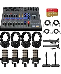 Zoom LiveTrak L-8 Mixer and Recorder Bundle with 4x PodMic Dynamic Podcasting Microphone, 4x TAPH300 Semi-Open Back Headphones, 2x Broadcast Arm