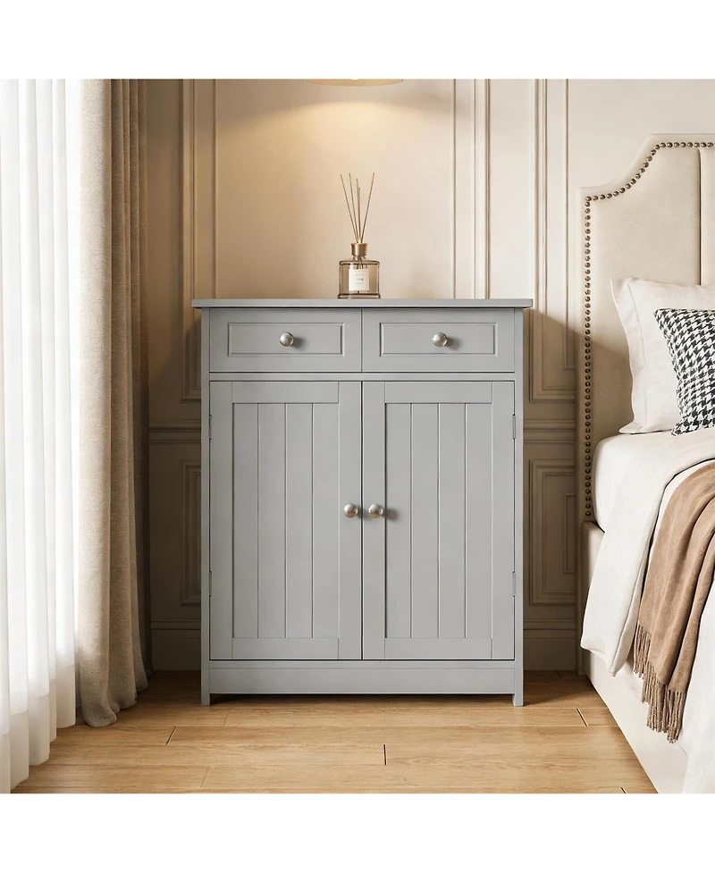 Clihome Freestanding Entryway Cabinet, Grey Mdf Storage Cabinet with Adjustable Shelf, 1 Cabinet and 2 Drawers