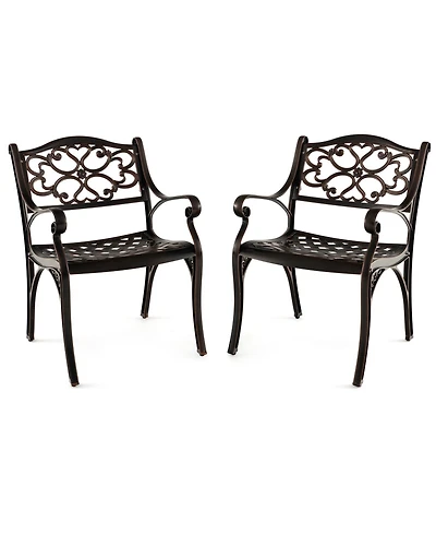 Sugift Set of 2 Cast Aluminum Patio Dining Chairs with Flower Pattern Back