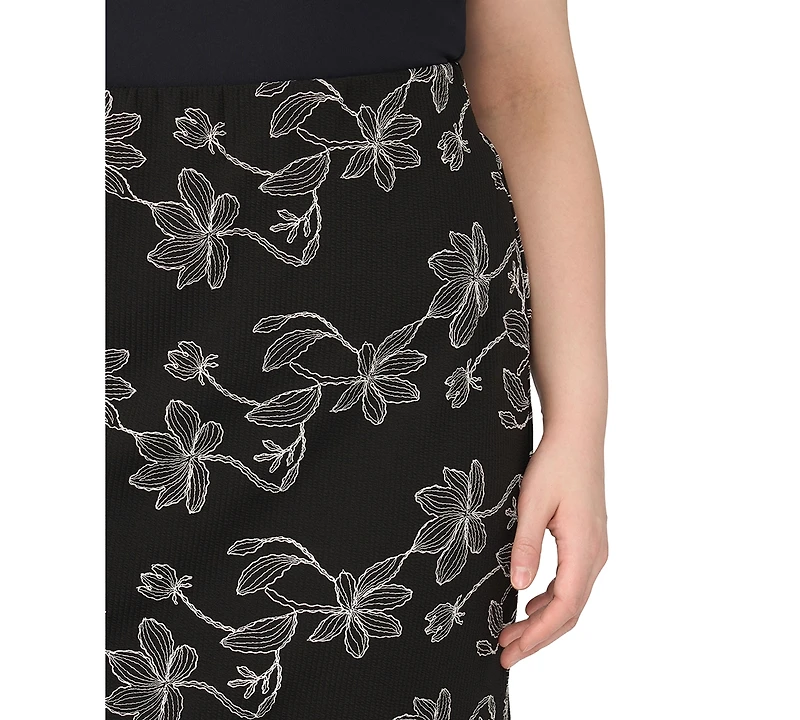Vince Camuto Plus Floral Embroidered Pull-On Midi Skirt