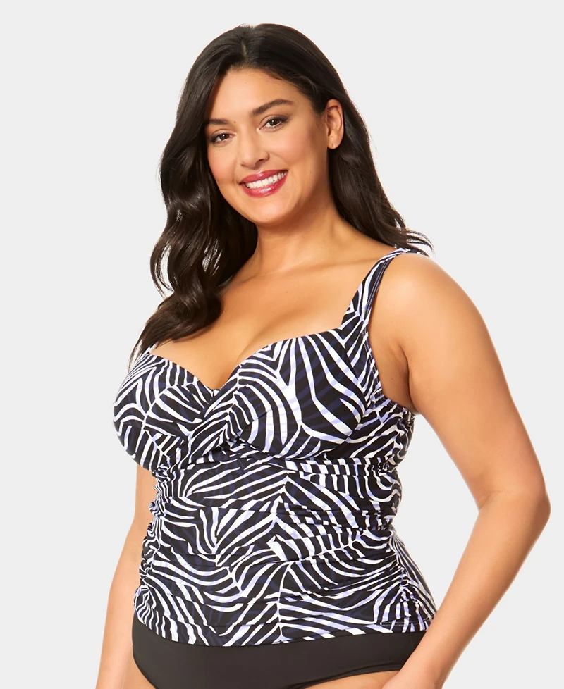 Anne Cole Plus V-Neck Underwire Printed Drape Front Tankini Top