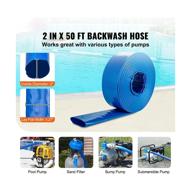 Sugift 2 Inches x 50 Feet Pool Drain Hose, Backwash Hose Clamps Included