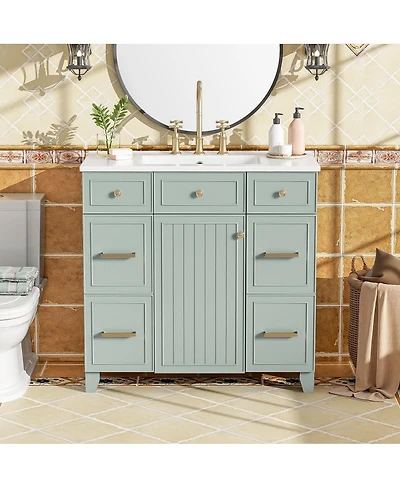 Sillysis 36 Inch Bathroom Vanity with Ceramic Sink, Solid Wood Frame, Ample Storage Drawers and Soft Close Door for Small Spaces
