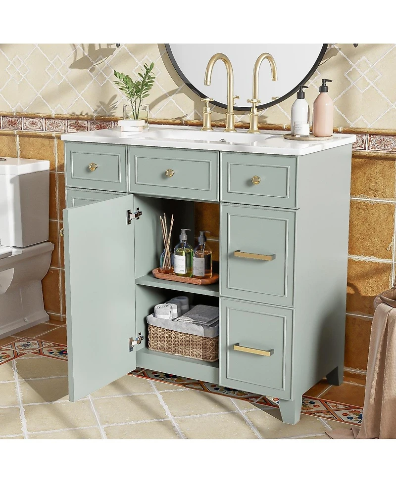 Sillysis 36 Inch Bathroom Vanity with Ceramic Sink, Solid Wood Frame, Ample Storage Drawers and Soft Close Door for Small Spaces