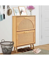 Gouun Rattan-Door Flip-Down Shoe Storage Cabinet with 2 Drawers