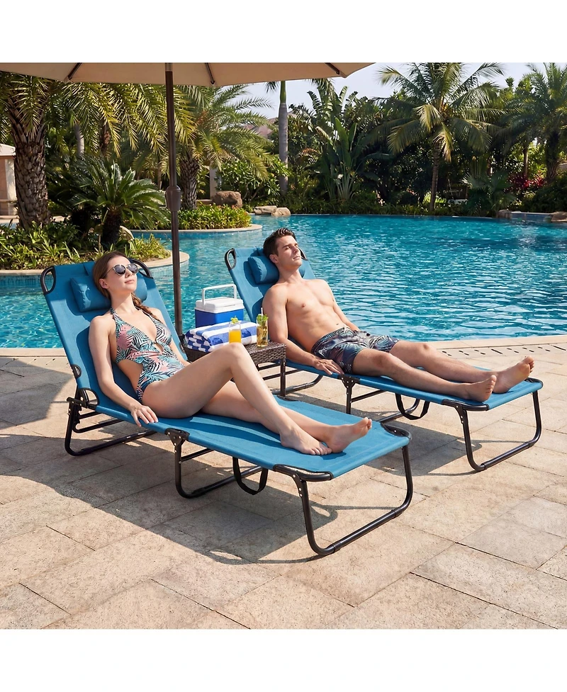 Gymax 2PCS Folding Beach Sun Lounger w/Face Hole Removable Pillows 4-Position Backrest