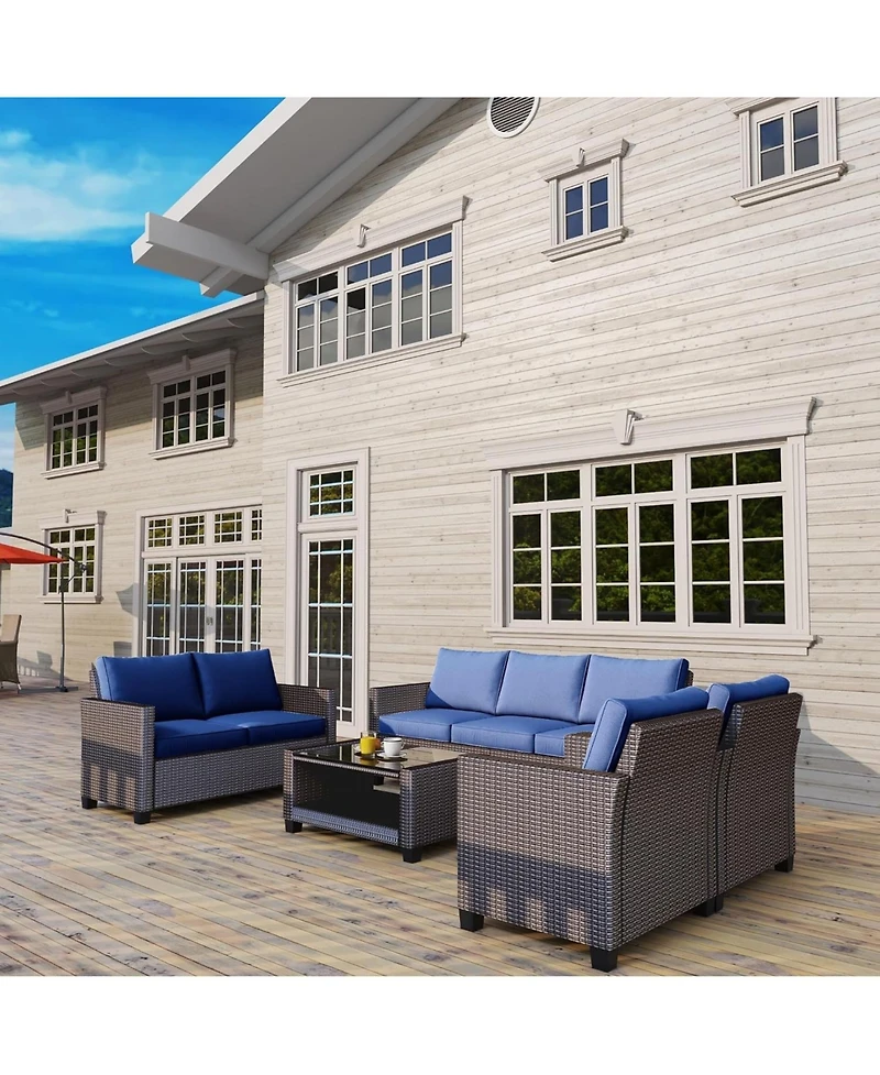gaomon 5-Piece Outdoor Patio Wicker Sectional Sofa Set with Glass Table