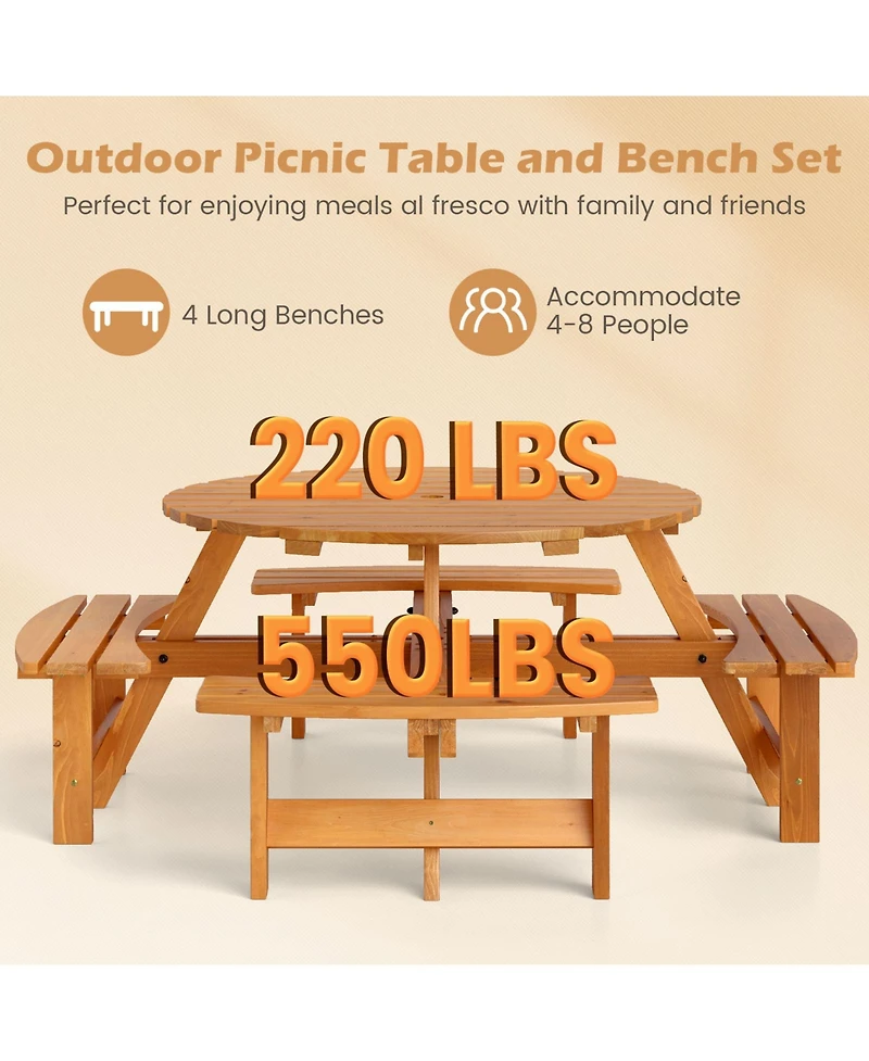 Slickblue Round Picnic Table Set for 8 Person with Benches, Circular Outdoor Dining Table