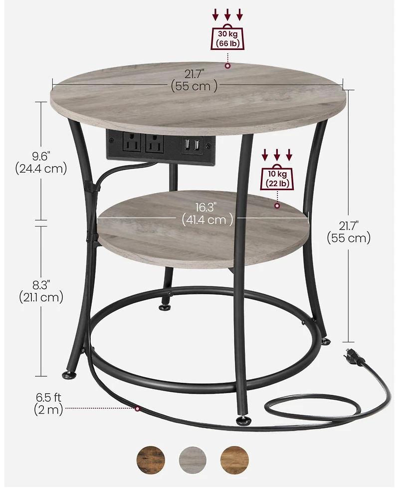 Slickblue 2 Tier Round Side Table with Power Outlets End Storage