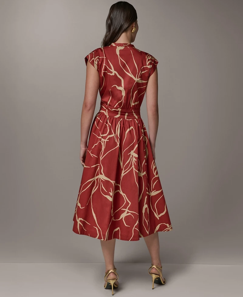 Donna Karan New York Women's Printed Tie Belt V-Neck Midi Dress