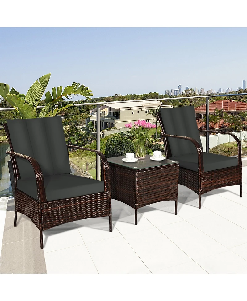 Gymax 3PCS Outdoor Patio Rattan Conversation Set Furniture Set w/ Table Cushions
