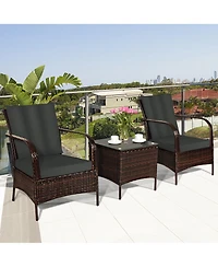 Gymax 3PCS Outdoor Patio Rattan Conversation Set Furniture Set w/ Table Cushions