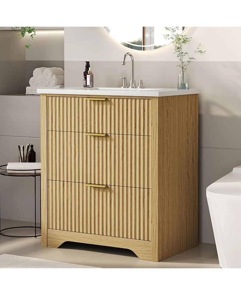 gaomon Fluted Bathroom Vanity with Sink, Farmhouse Freestanding Cabinet with 2 Drawers and Flip-Down Storage, Space-Saving for Small Bathroom