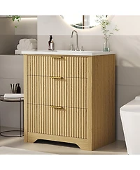 gaomon Fluted Bathroom Vanity with Sink, Farmhouse Freestanding Cabinet with 2 Drawers and Flip-Down Storage, Space-Saving for Small Bathroom