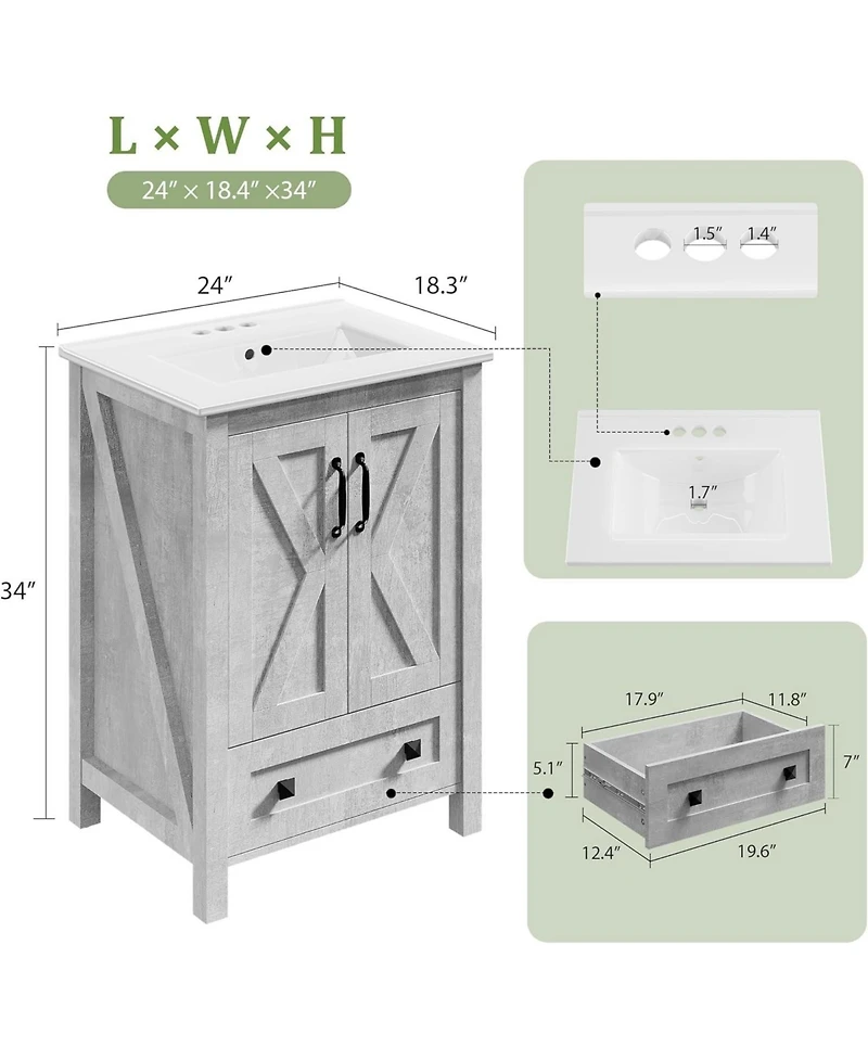gaomon Bathroom Vanity with Ceramic Sink, Freestanding Cabinet with 2 Doors and Drawer Storage, Compact Design for Small Bathroom