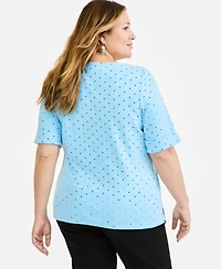 Style & Co Plus Printed Boat-Neck Elbow-Sleeve Top, Macy's Exclusive