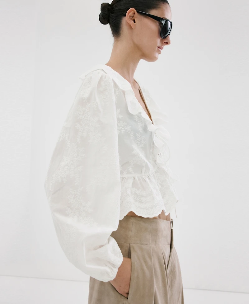 Mango Women's Ruffled Embroidered Blouse