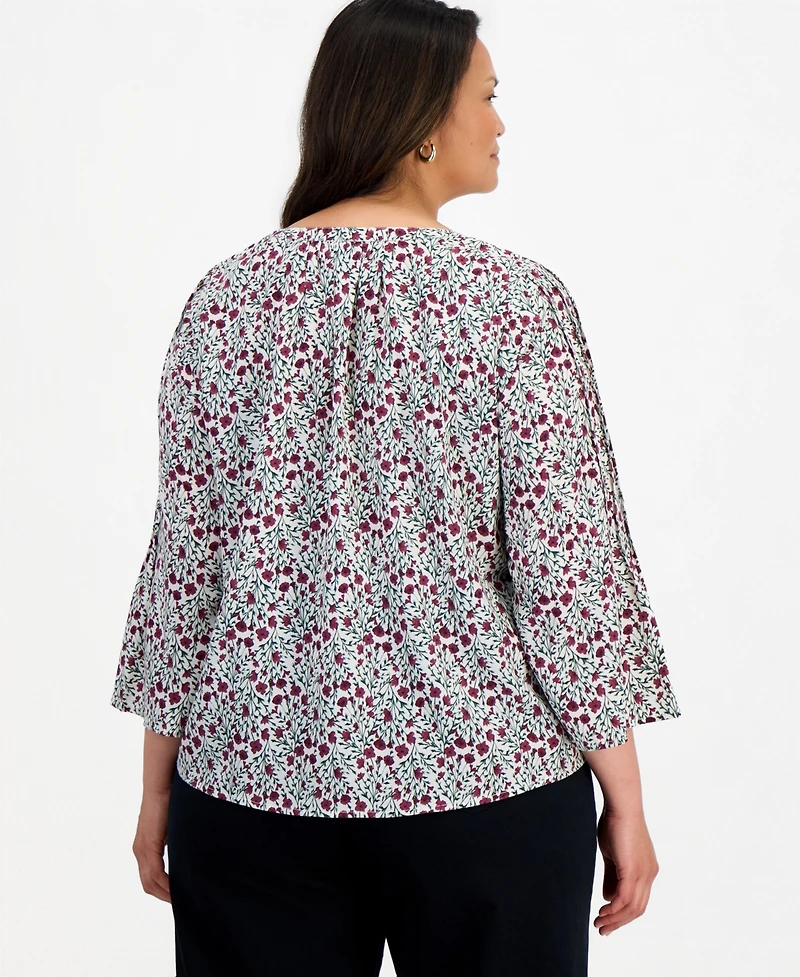 Style & Co Plus Floral-Print Pintuck Bell-Sleeve Blouse, Macy's Exclusive