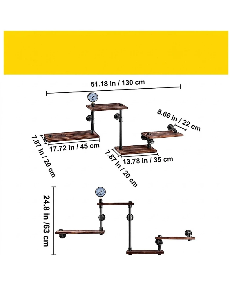 Sugift 4 Tier Industrial Pipe Shelving Rustic Floating Wall Mount Shelf