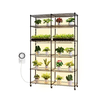 Sugift 6 Tier Double Row Plant Shelf with Grow Light Tall Indoor