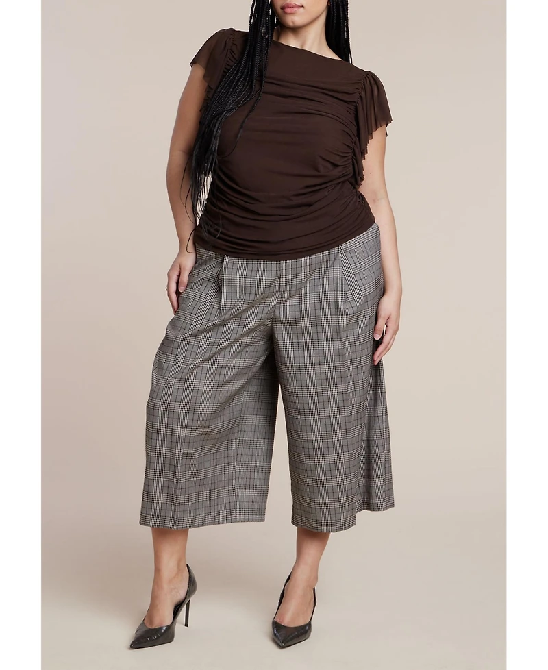 Eloquii Women's Plus Shirred Mesh Top With Shoulder Flounces