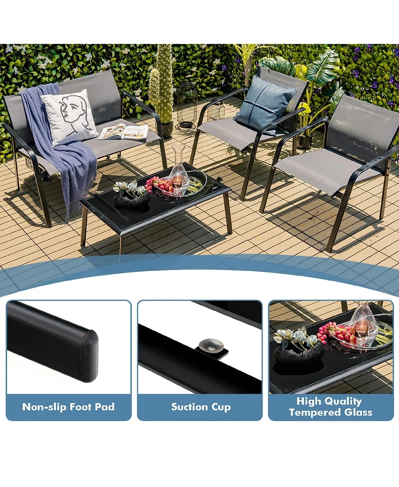 Costway 4 Pcs Patio Furniture Set Loveseat Sofas Armrest Glass Table Deck