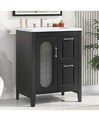 Sillysis Freestanding Bathroom Vanity with Sink, Solid Wood Cabinet, Moru Glass Door, Adjustable Shelf for Small Spaces