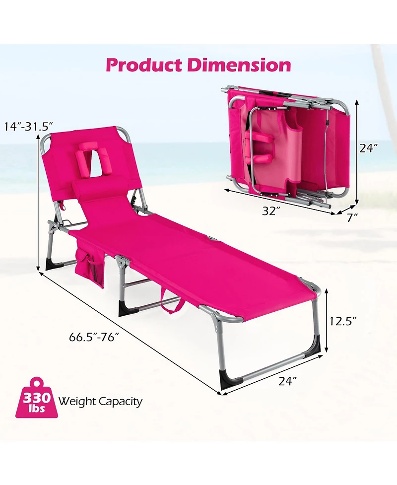 Gymax Set of 2 Tanning Chair with Face and Arm Holes Folding Chaise Lounge Beach Chair w/ Adjustable Backrest