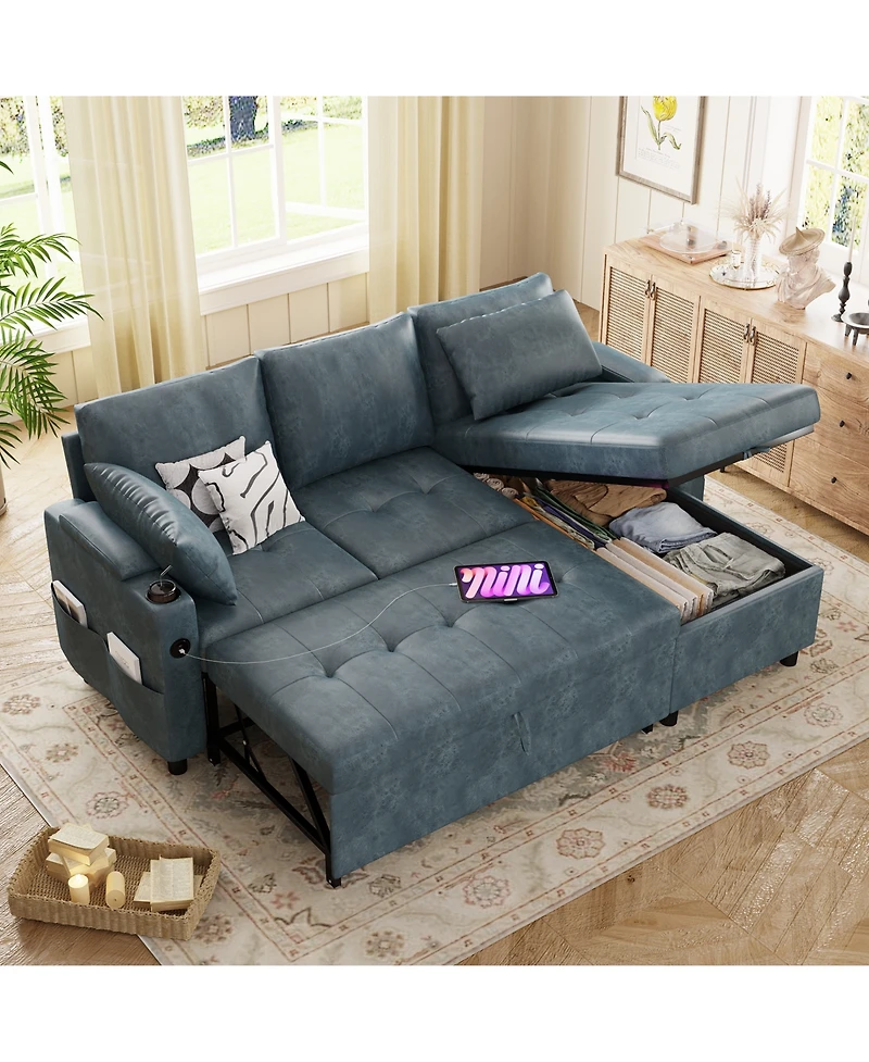 Aecojoy Sleeper Sofa Bed, 3-in-1 Pull Out Couch with Reversible Chaise, Leather