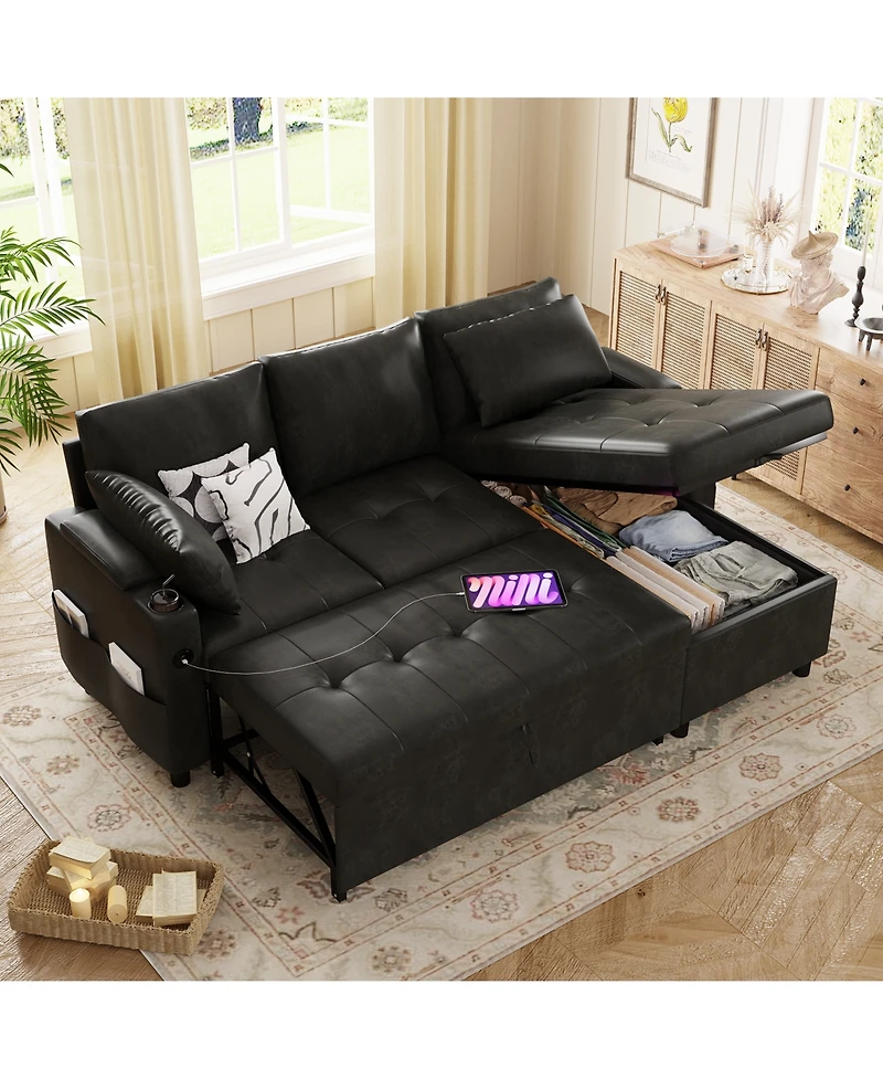 Aecojoy Sleeper Sofa Bed, 3-in-1 Pull Out Couch with Reversible Chaise, Leather