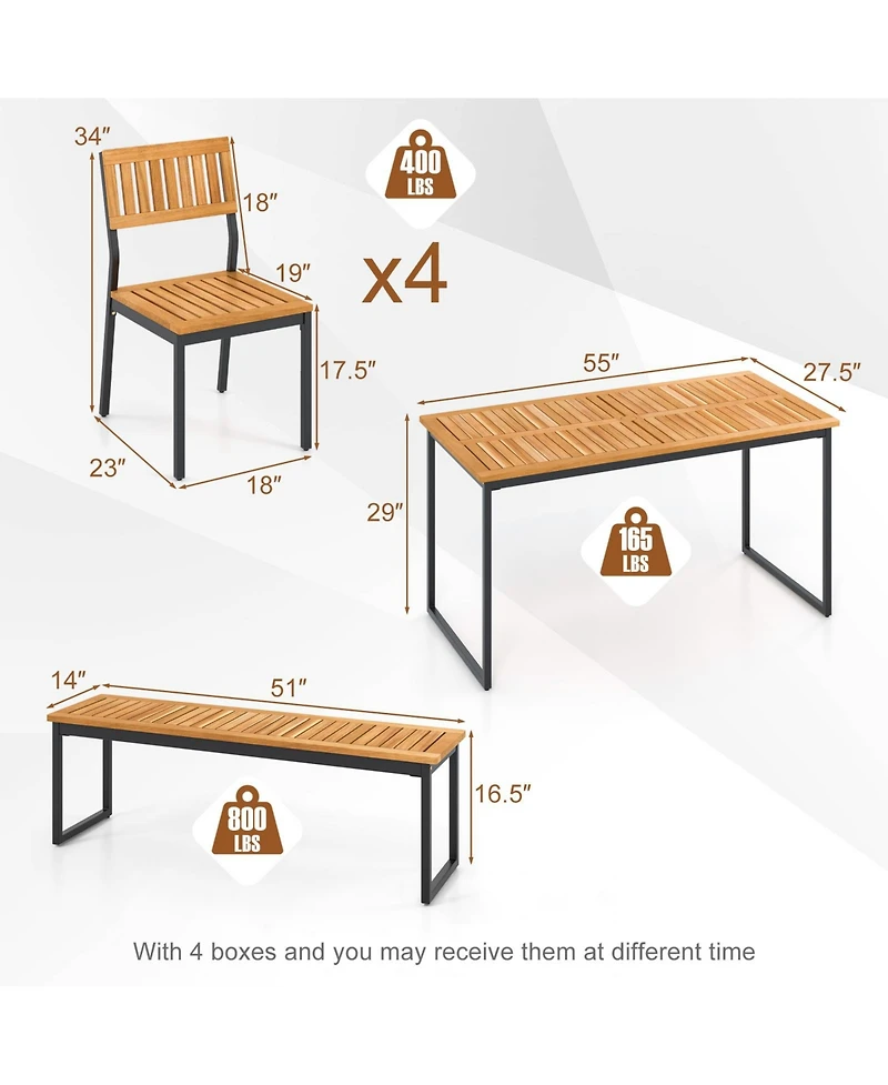 Sugift 6-Piece Acacia Wood Patio Dining Set with Bench and 2 in Umbrella Hole